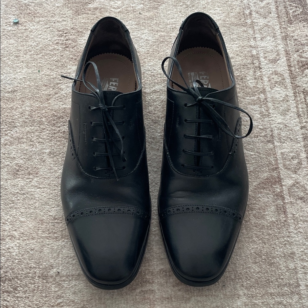 Salvadore Ferragamo Black Cap Toe Embossed Signature Oxford Men's Dress Shoes 10